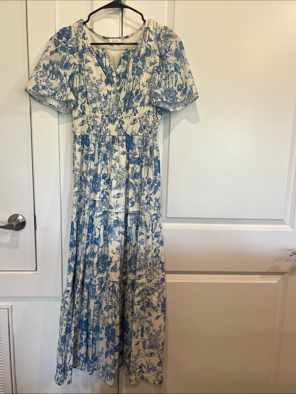 Blue Floral Maxi Dress with Smocked Waist